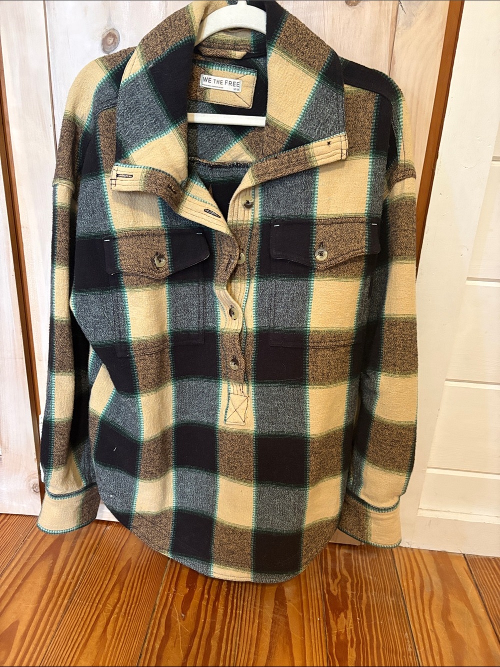 We The Free Plaid Utility Shacket in Yellow, Brown & Gray